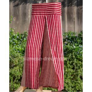 Red White Striped Rayon "Pancake Pants" Open Wide Leg Cropped Trousers S-M